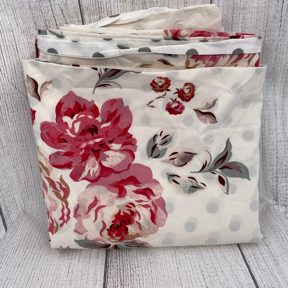Cath Kidston Duvet Cover King Raspberry Roses Floral Gray Polka Dot Reversible